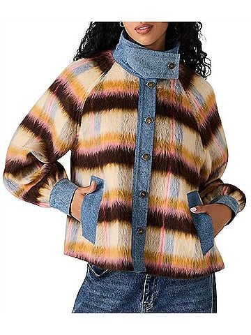Steve Madden Kaylen Wool Blend Plaid Mixed Media Jacket in Forever Blue (view 2)