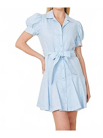 Dolce Cabo Linen Belted Mini Dress in Light Blue (view 2)