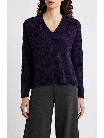 Eileen Fisher V-Neck Stretch Cotton Sweater in Aubergine (view 2)
