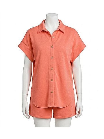 Umgee Luxeknit Short Sleeve Button Up Romper in Salmon (view 1)