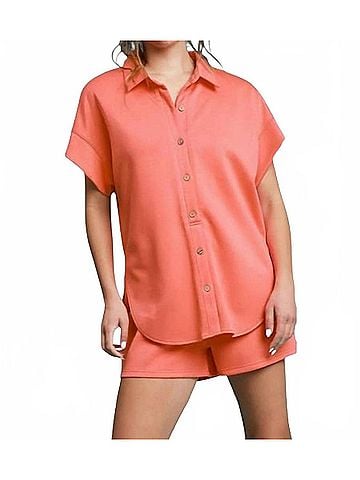 Umgee Luxeknit Short Sleeve Button Up Romper in Salmon (view 2)