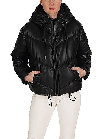 Love Token Long Lseeve Hooded Puffer Jacket in Black (view 2)