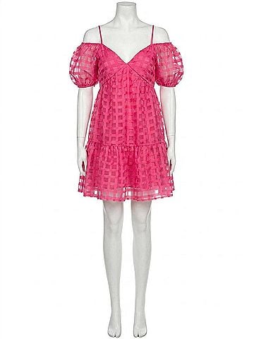 She + Sky Puff Sleeve Checker Organza Dress in Pink (view 1)