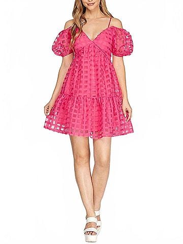 She + Sky Puff Sleeve Checker Organza Dress in Pink (view 2)