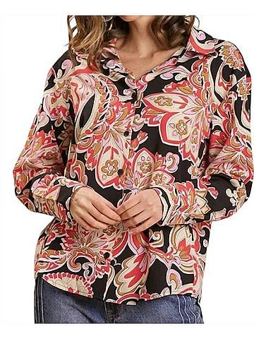 Umgee Vintage Paisley Print Button-Up Blouse in Black Mix (view 2)