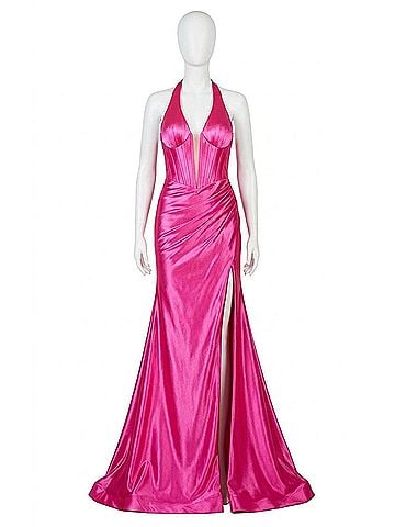Jovani Halter Satin Gown With Ruched Wrap Skirt in Hot Pink (view 1)