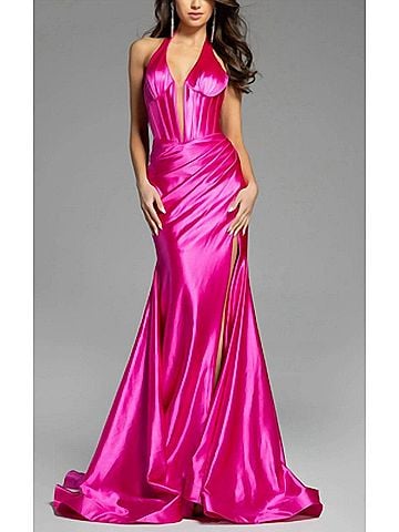 Jovani Halter Satin Gown With Ruched Wrap Skirt in Hot Pink (view 2)