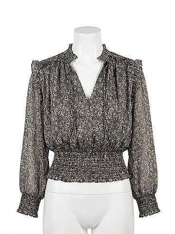 Elan Smocked Waste Top in Black Paisley (view 1)