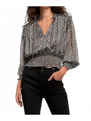 Elan Smocked Waste Top in Black Paisley (view 2)