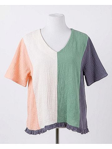 Umgee Color Block Gauze Top in Denim/Pink (view 1)