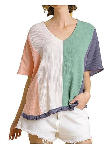 Umgee Color Block Gauze Top in Denim/Pink (view 2)