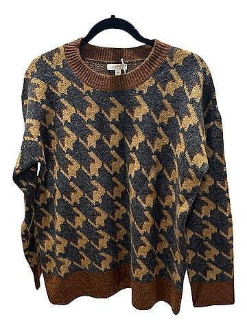 Mystree Women's Houndstooth Crewneck Sweater in Brown &amp; Charcoal (view 2)