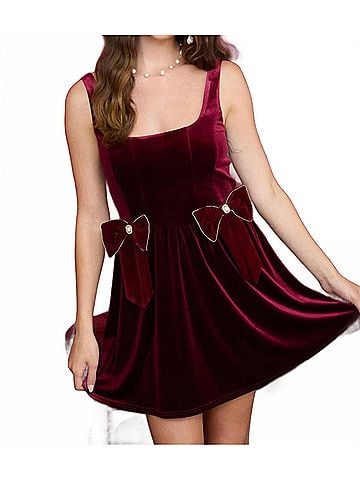 Blu Pepper Velvet Jeweled Bow Detail Corset Midi Dress in Burgundy (view 2)