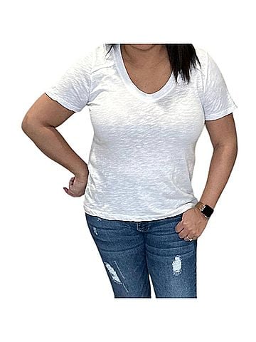 Bobi Shoulder Seam V Neck Tee Shirt in White (view 2)
