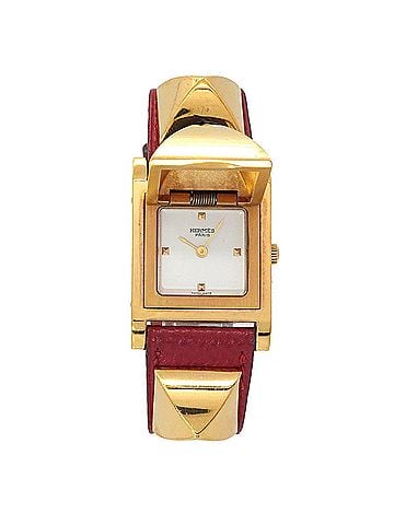 Hermès Hermes Medor Women's Watch, Pyramid Design, Gold Studs, White and Red Leather Strap, Quartz Movement. (view 1)