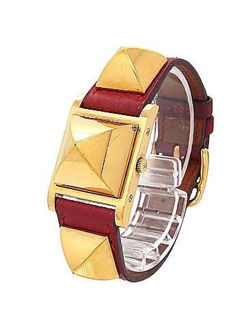 Hermès Hermes Medor Women's Watch, Pyramid Design, Gold Studs, White and Red Leather Strap, Quartz Movement. (view 2)