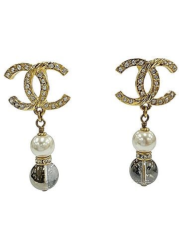 Chanel CHANEL A23C Coco Mark Rhinestone Pearl Stone Swing Earrings, Gold, Made in France, Women's, with Box and Dust Bag. (view 1)