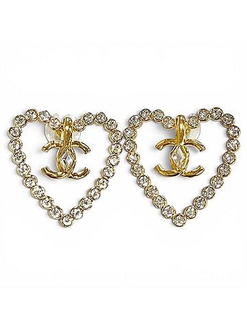 Chanel CHANEL L23C AB9926 Coco Mark Heart Crystal Rhinestone Earrings (Pair) Gold, Made in Italy, Women's, with Box (view 1)