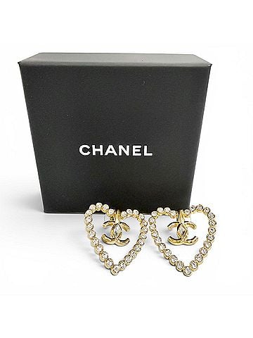 Chanel CHANEL L23C AB9926 Coco Mark Heart Crystal Rhinestone Earrings (Pair) Gold, Made in Italy, Women's, with Box (view 2)