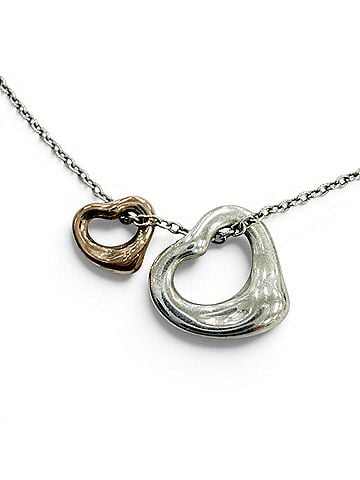 Tiffany & Co. TIFFANY&amp;Co. Tiffany &amp; Co. Elsa Peretti Double Open Heart Extra Mini Necklace AG925 AU750 (YG) Silver Yellow Gold Weight 2.4g Women's Comes with Box and Dust Bag (view 1)