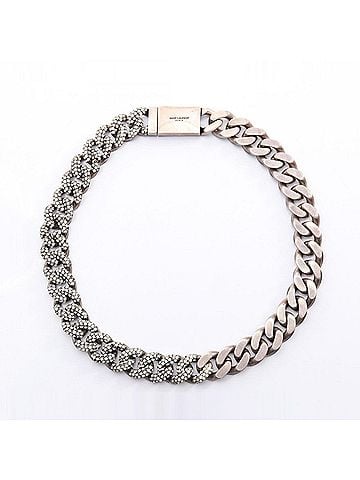Yves Saint Laurent Yves Saint Laurent Saint Laurent Paris Metal Curb Chain Necklace - Gold Plated (GP) Rhinestone Silver Tone Men's &amp; Women's (view 2)