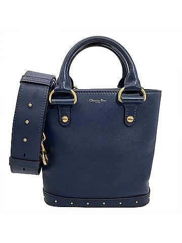 Christian Dior Christian Dior Bucket Handbag, Leather, M5861CVWU, Navy, Gold Hardware, Studs (view 1)
