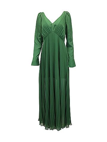 Self-Portrait Self-Portrait Pleated V-Neck Gown in Green Polyester (view 1)