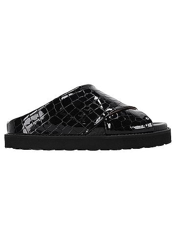 Ganni Ganni Croc-Effect Slide Sandals in Black Patent Calf Leather (view 1)