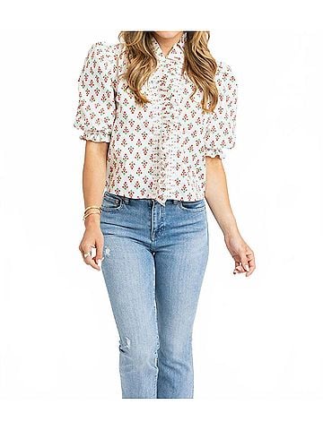 Karlie Sweet Bloom Digital Floral Ruffle Puff Sleeve Top in Red (view 2)