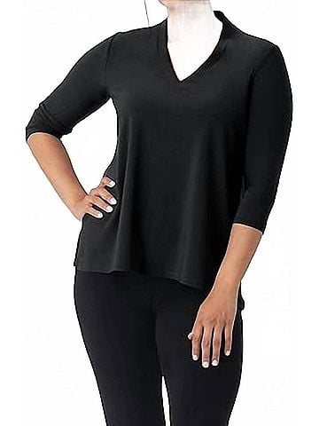 Sympli Deep V-Neck 3/4 Sleeve Top in Black (view 2)