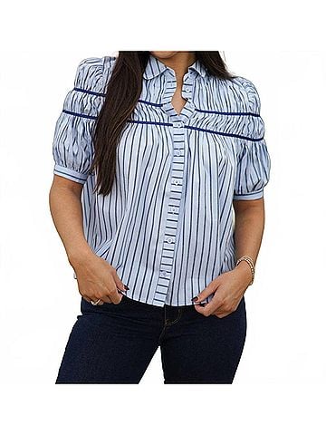 Karlie Stripe Button Down Shirt in Blue (view 2)