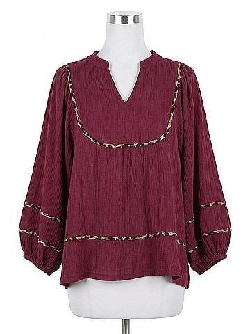 Umgee Texture Fabric Blouse With Animal Print Trim in Burgundy (view 1)