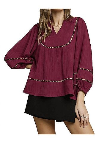 Umgee Texture Fabric Blouse With Animal Print Trim in Burgundy (view 2)