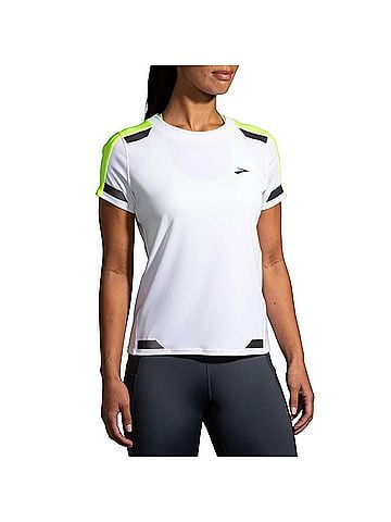 Brooks Women's Run Visible Short Sleeve Tee in White/Asphalt/Nightlife (view 2)