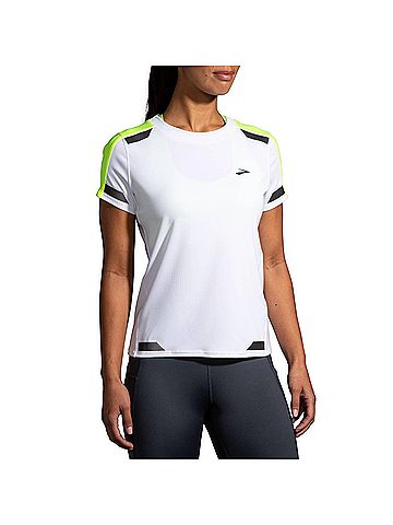 Brooks Women's Run Visible Short Sleeve Tee in White/Asphalt/Nightlife (view 2)