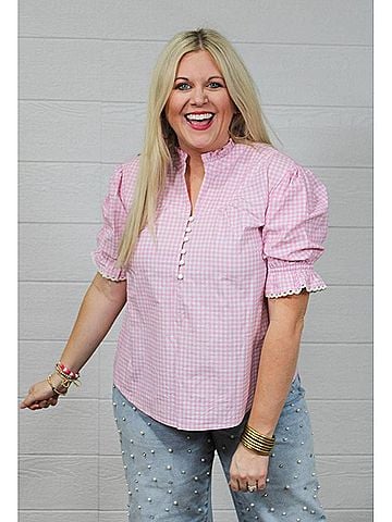 Layers Clothing Lauren Short Sleeve Top in Pink Gingham (view 2)