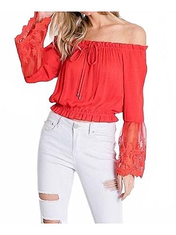 Davi & Dani Off Shoulder With Sheer Lace Detailed Bell Sleeves Top in Tomato Red (view 2)