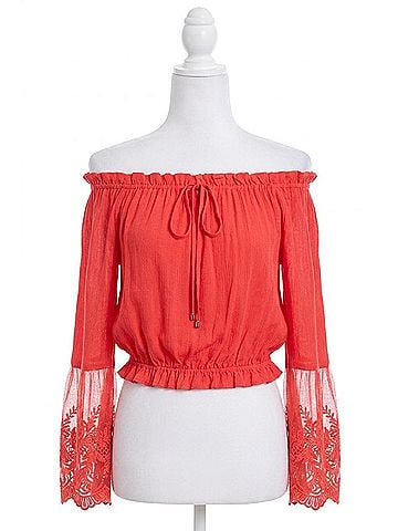 Davi & Dani Off Shoulder With Sheer Lace Detailed Bell Sleeves Top in Tomato Red (view 1)