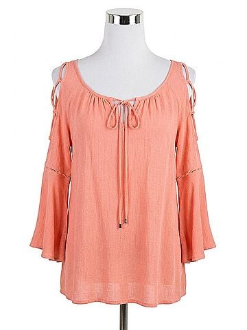 Entro Open Shoulder Bell Sleeve Top in Peach (view 1)