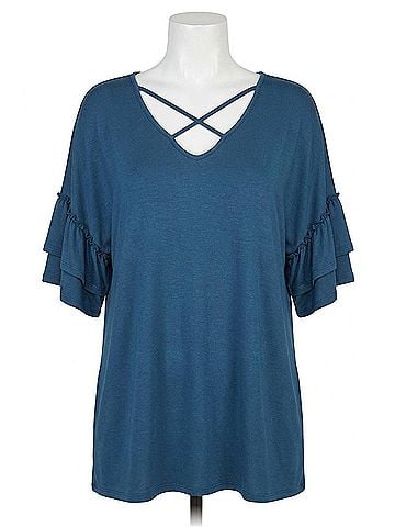 Mittoshop Criss Cross Front Ruffle Sleeve Curvy Top - Plus in Teal (view 1)