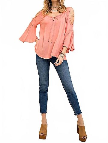Entro Open Shoulder Bell Sleeve Top in Peach (view 2)