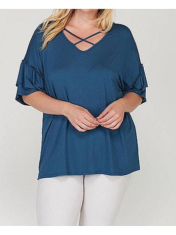 Mittoshop Criss Cross Front Ruffle Sleeve Curvy Top - Plus in Teal (view 2)