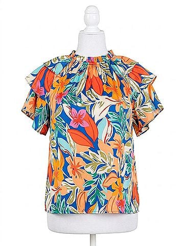 Jodifl Tropical Floral Print Ruffled Sleeve Top in Orange &amp; Royal Blue (view 1)