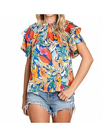 Jodifl Tropical Floral Print Ruffled Sleeve Top in Orange &amp; Royal Blue (view 2)