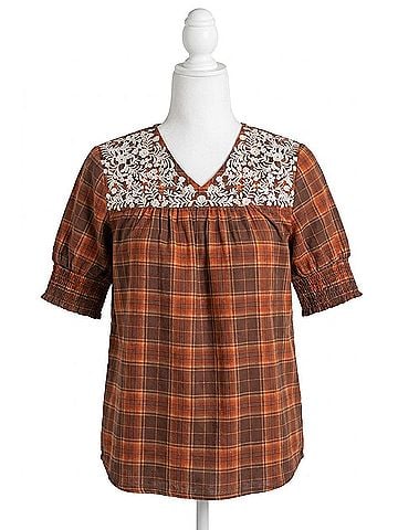 Layers Clothing Grace Embroidered Top in Brown Plaid (view 1)