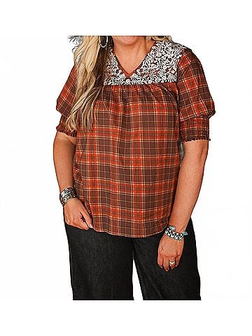 Layers Clothing Grace Embroidered Top in Brown Plaid (view 2)