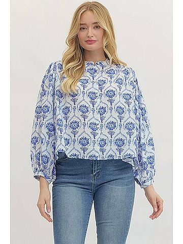 Entro Rhea Puff Sleeve Top in White/Blue (view 2)