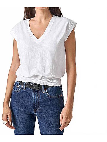 Lilla P Smocked Hem V Neck Top in White (view 2)