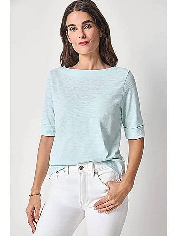 Lilla P Cuffed Sleeve Boatneck Top in Seabreeze (view 2)