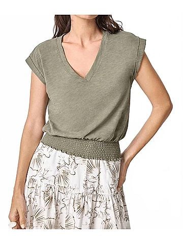 Lilla P Smocked Hem V Neck Top in Fern (view 2)
